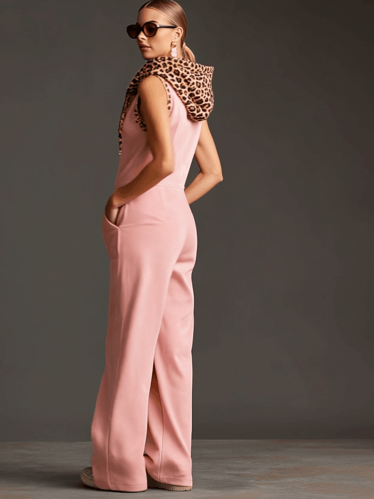 Western Retro Pink Faux Suede Sleeveless Leopard Print Hooded Wide-Leg Jumpsuit  - By Qivii
