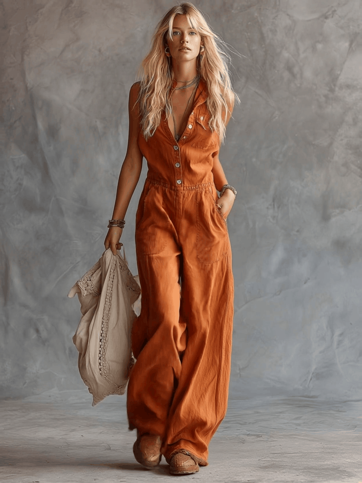 Casual Fashion Western V-neck Front-button Sleeveless Rust-orange Cotton Jumpsuit  - By Qivii