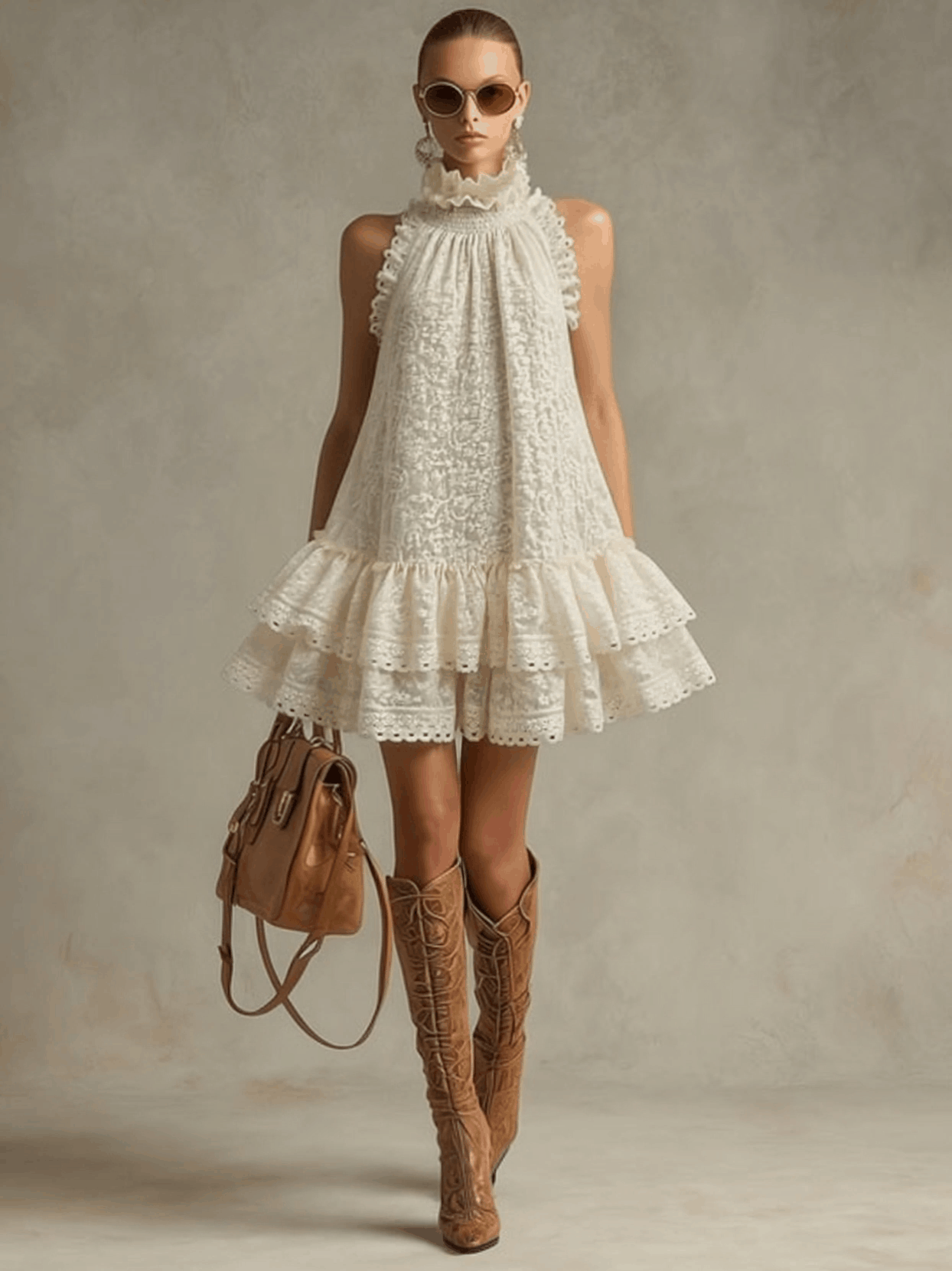 Vacation Retro Beige Lace Sleeveless Ruffled Mini Dress  - By Qivii