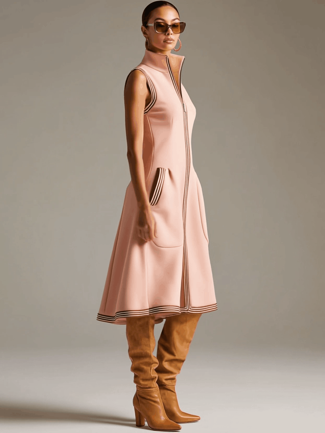 Sporty Retro Striped Ribbed Pink Cotton Blend Sleeveless Midi Dress  - By Qivii