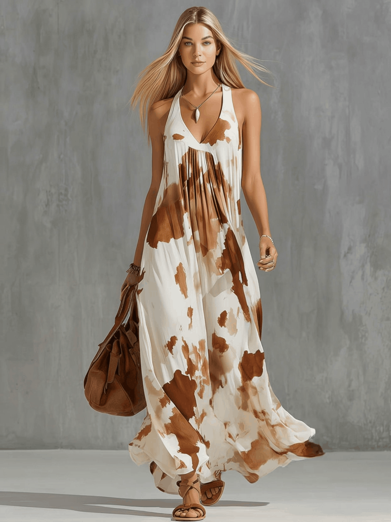 Vintage Brown Cow Print White Chiffon Sleeveless Maxi Dress  - By Qivii