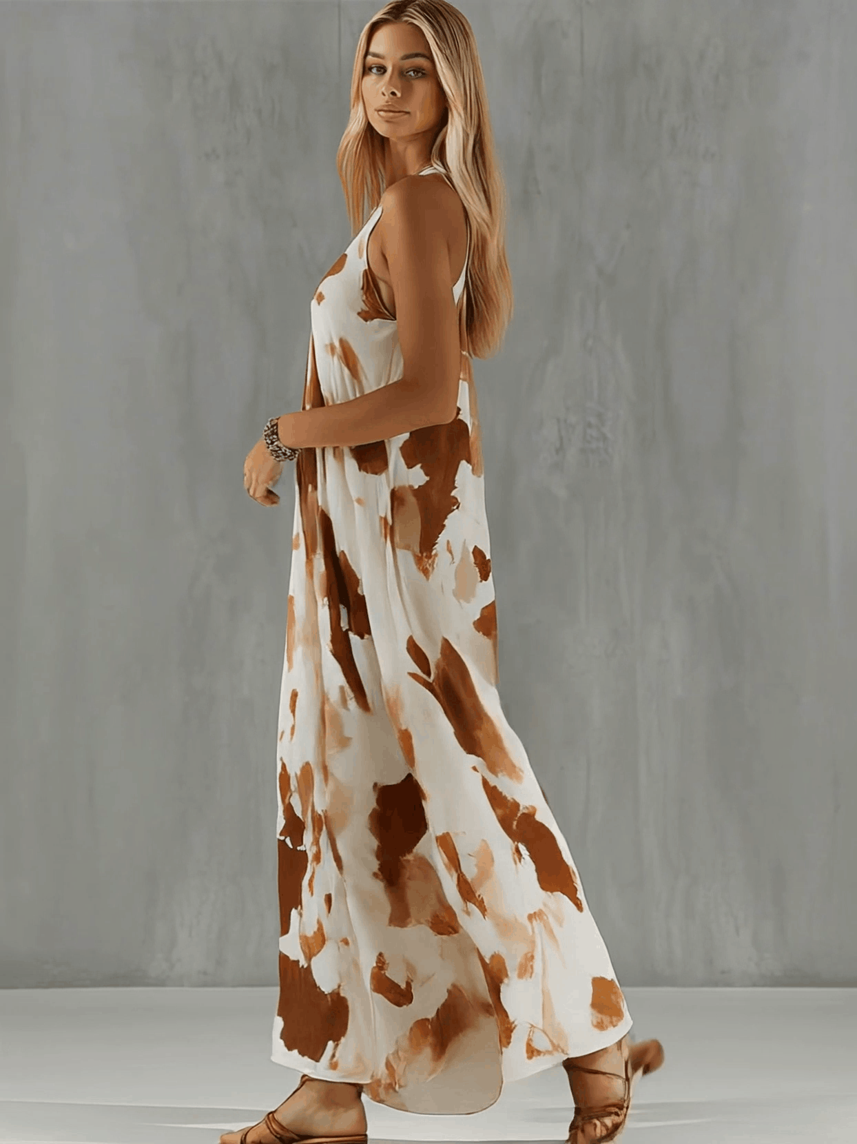 Vintage Brown Cow Print White Chiffon Sleeveless Maxi Dress  - By Qivii