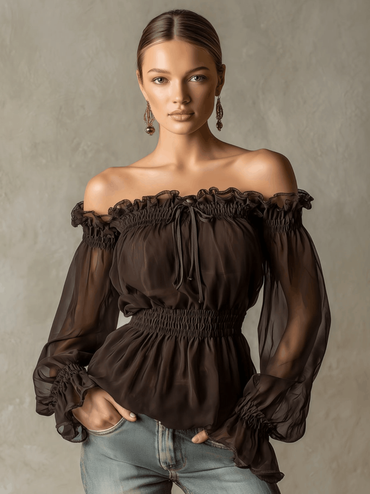 Fashionable Retro Ruffled Brown Off-shoulder Chiffon Blouse  - By Qivii