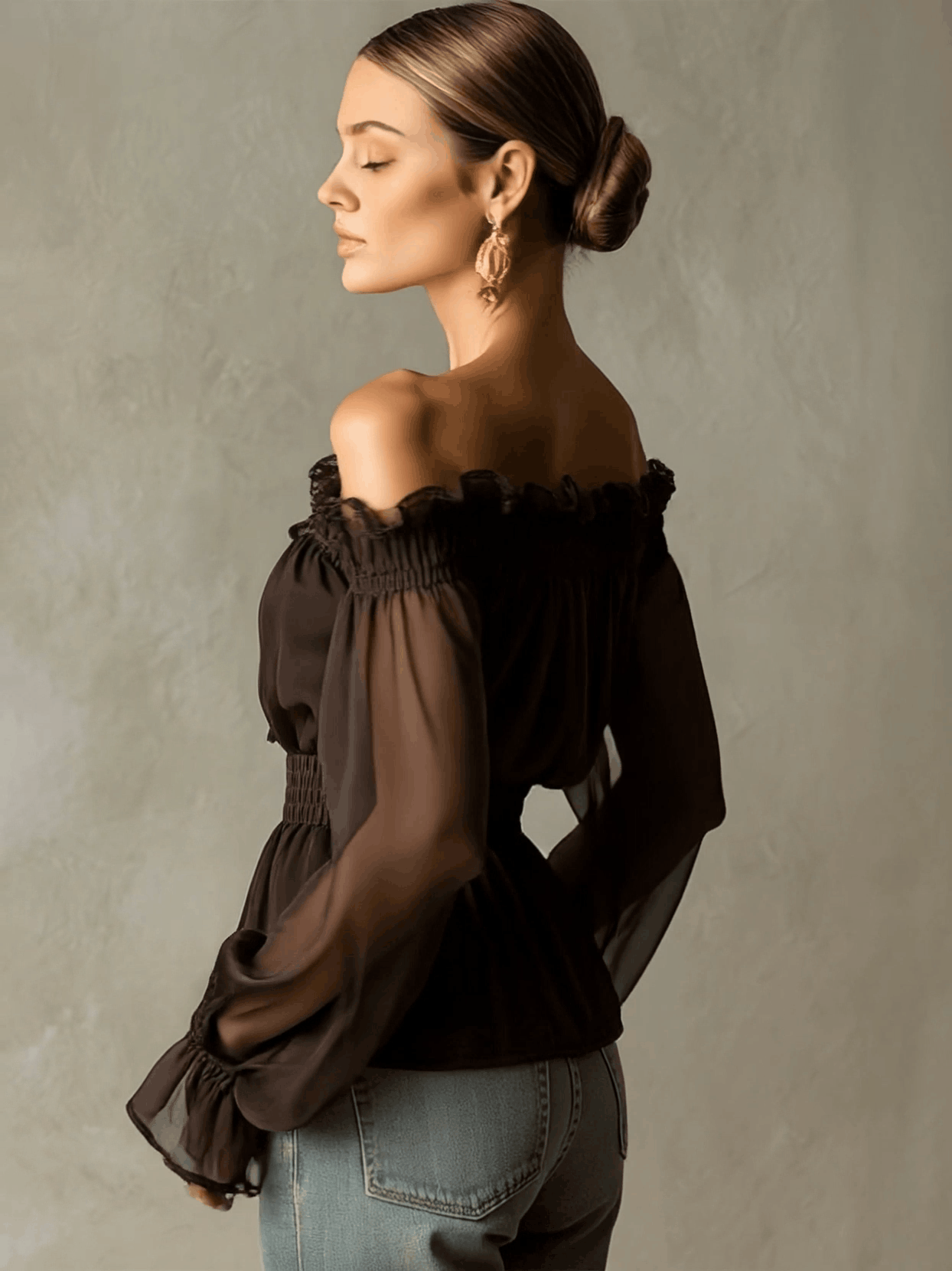 Fashionable Retro Ruffled Brown Off-shoulder Chiffon Blouse  - By Qivii