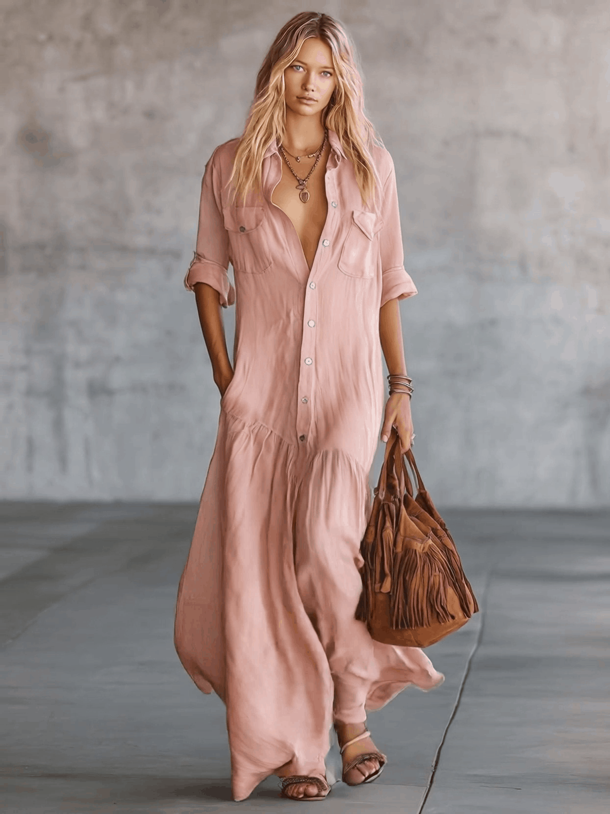 Casual Retro Western V-neck Front Button Short Sleeve Pink Cotton Linen Shirt Maxi Dress  - By Qivii