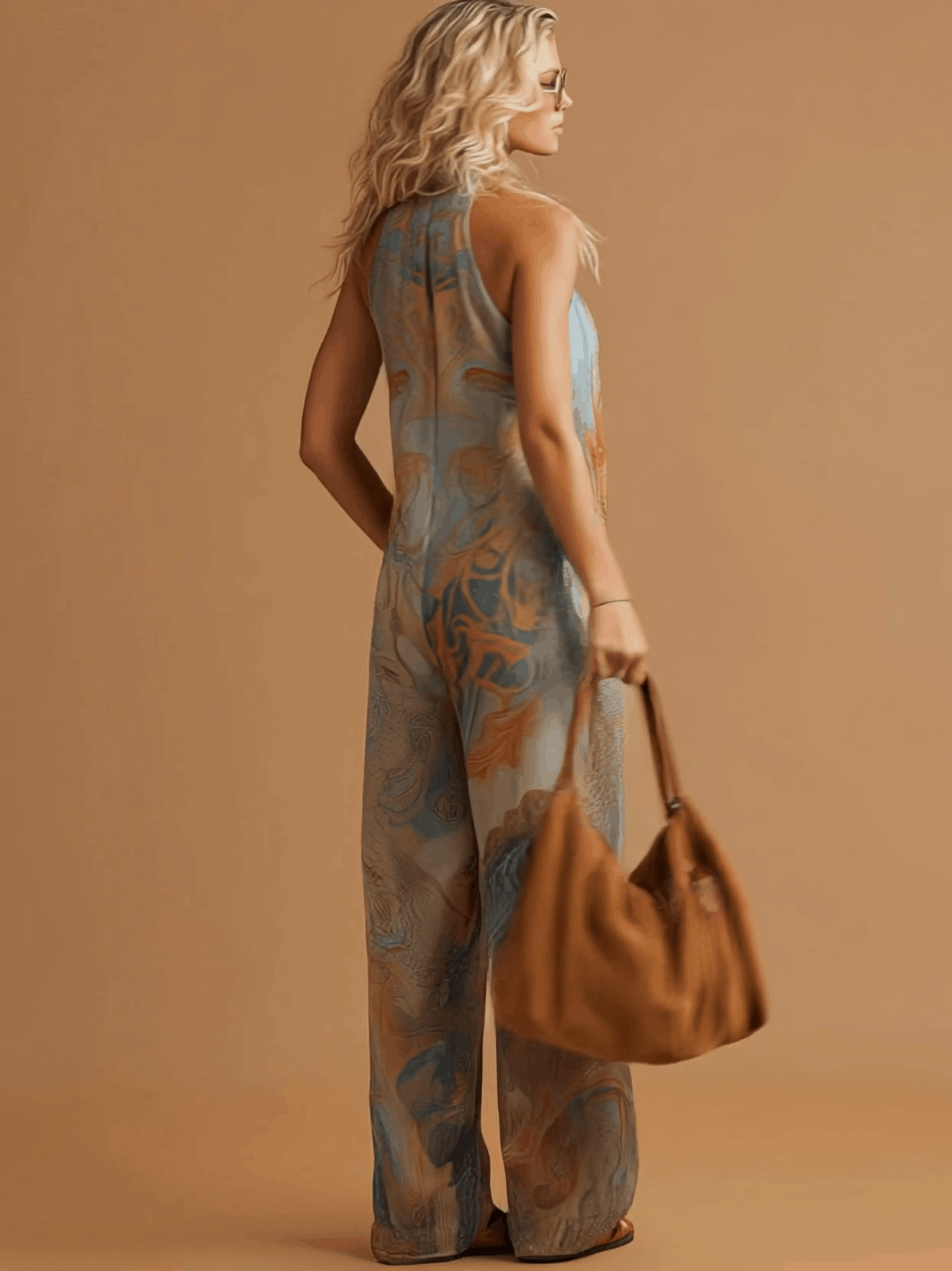Vacation Retro Bohemian Print Chiffon Sleeveless Wide-Leg Jumpsuit  - By Qivii
