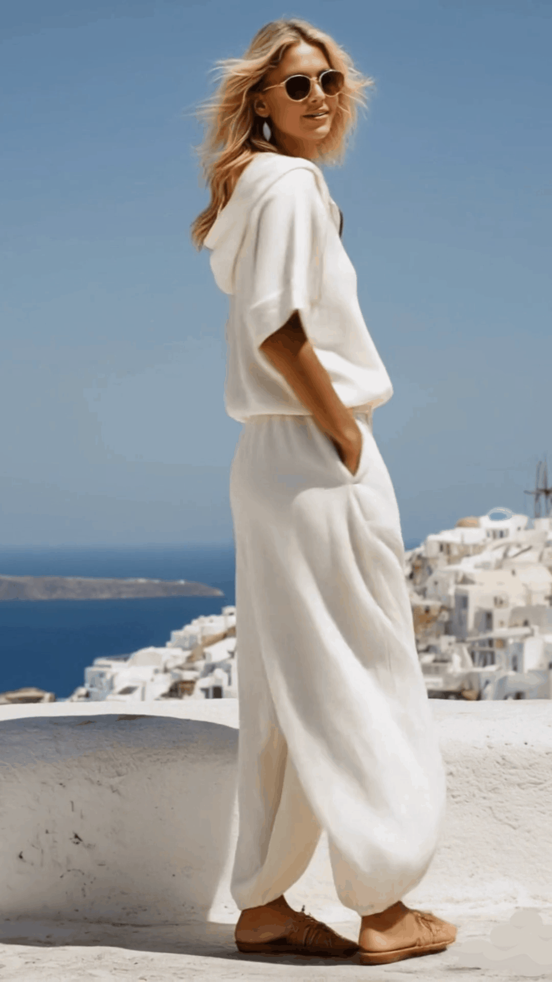 Vacation Retro White Cotton Linen Short-Sleeve Hooded Top And Balloon Pants Set  - By Qivii