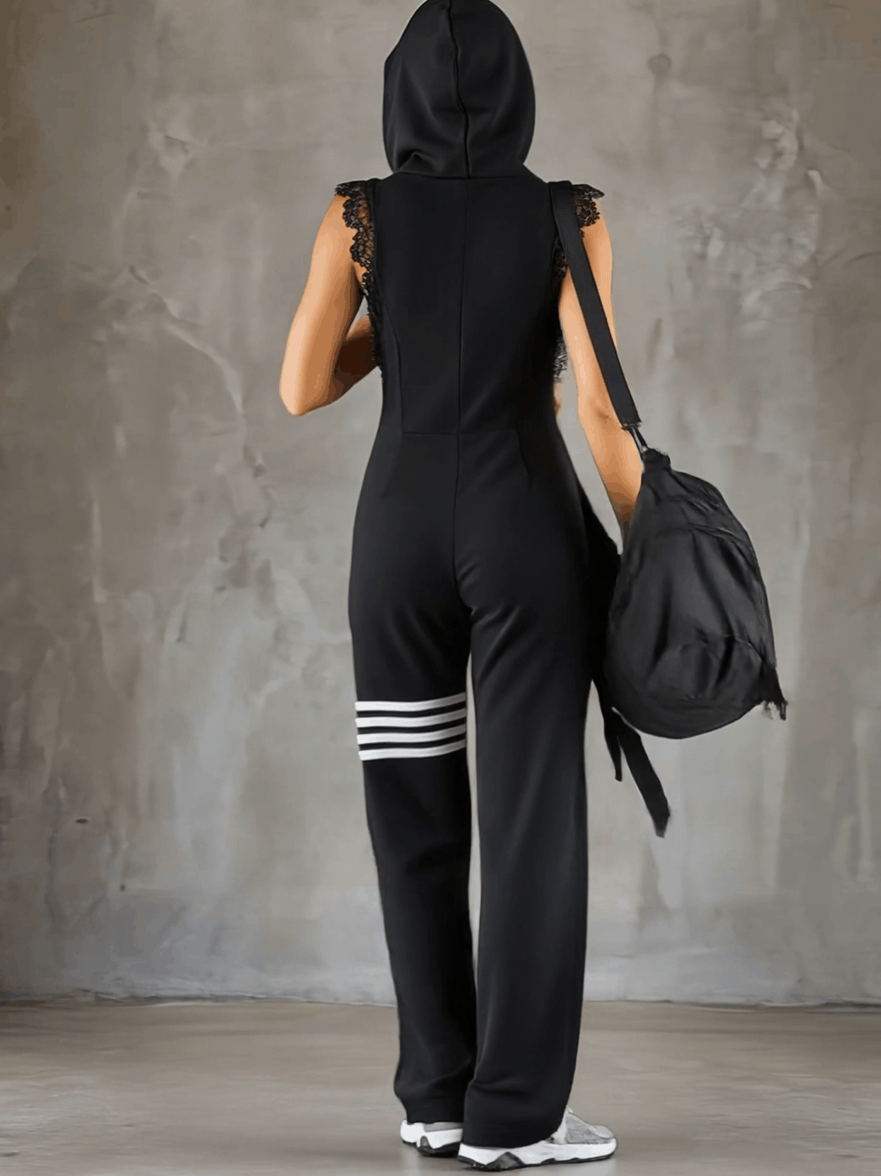 Sporty Retro Lace Striped Black Sleeveless Hooded Jumpsuit  - By Qivii