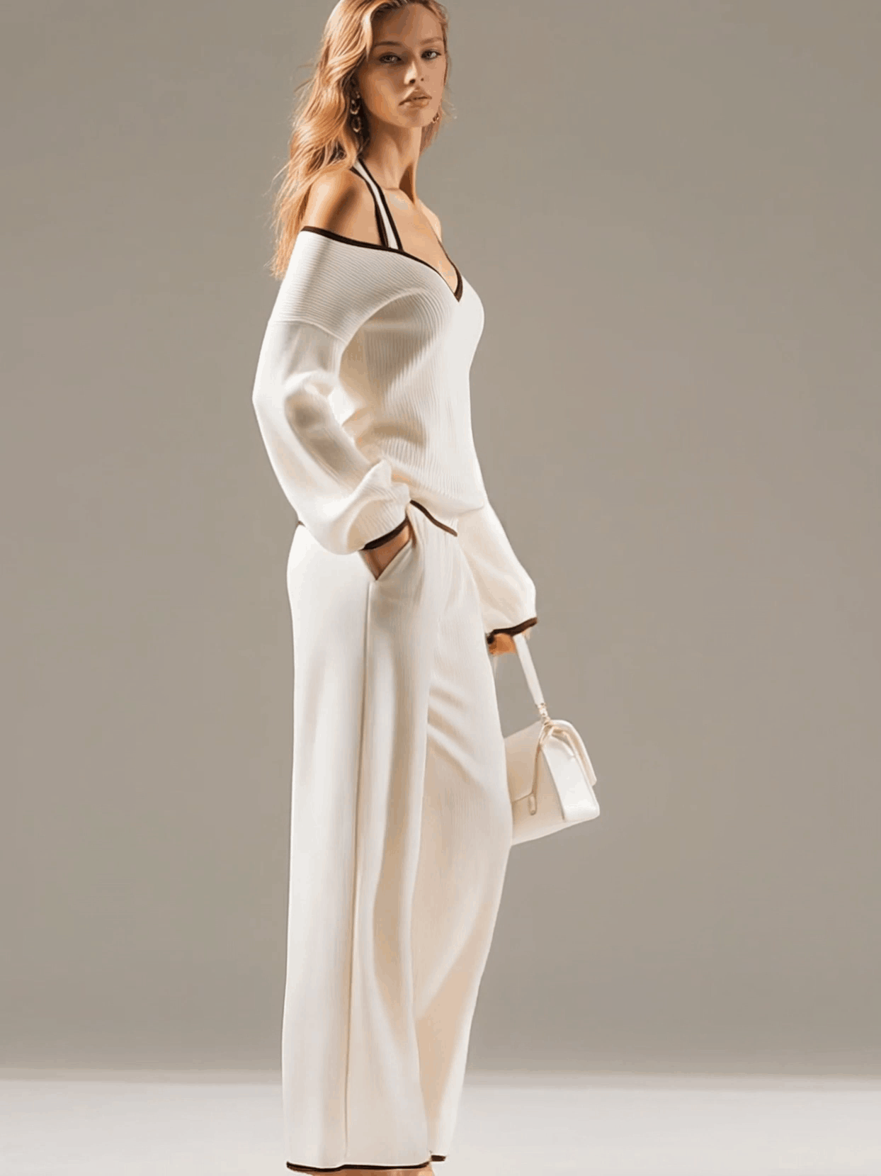 Elegant Color-blocked White Halter-neck Long-sleeved Knit Top And Pants Set  - By Qivii