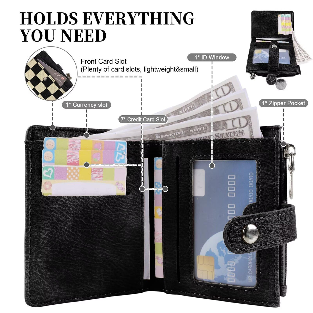 Ounamei RFID Blocking PU Leather Bifold Wallet | Compact Checkered Wallet with 8 Card Slots, ID Window & Coin Pocket