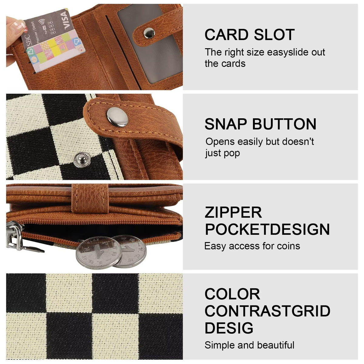 Ounamei RFID Blocking PU Leather Bifold Wallet | Compact Checkered Wallet with 8 Card Slots, ID Window & Coin Pocket