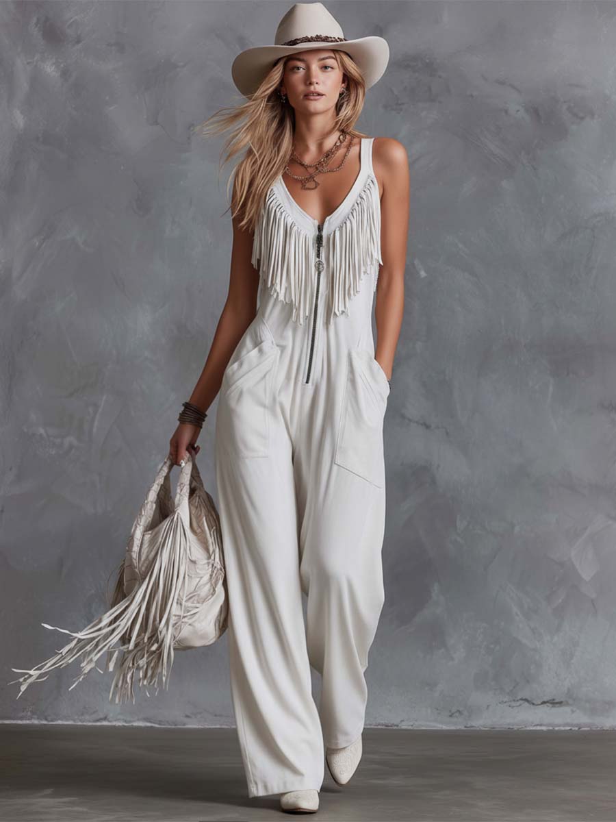 Casual Retro Western V-Neck And Fringe White Faux Suede Jumpsuit  - By Qivii
