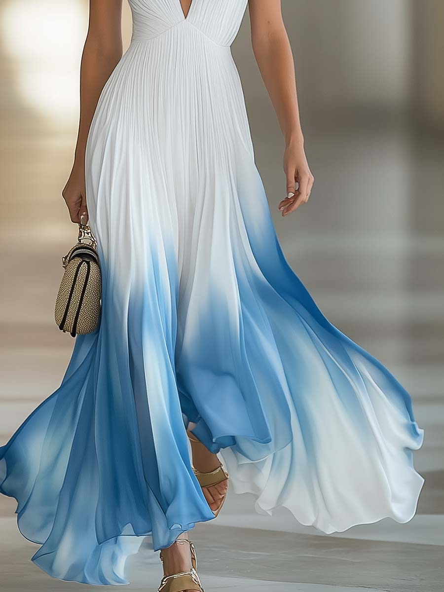 Elegant And Flowing V-Neck Pleated Chiffon Blue Gradient White Maxi Dress  - By Qivii