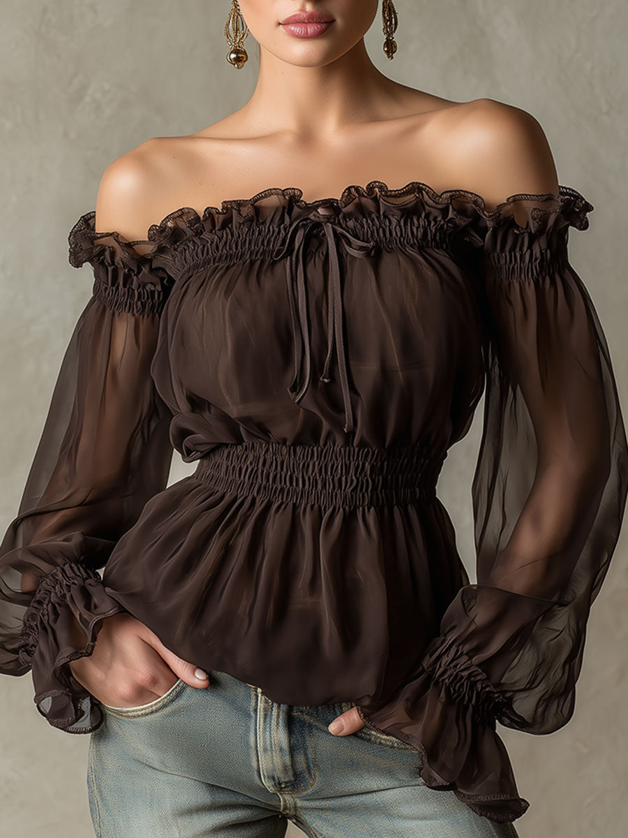 Fashionable Retro Ruffled Brown Off-shoulder Chiffon Blouse  - By Qivii