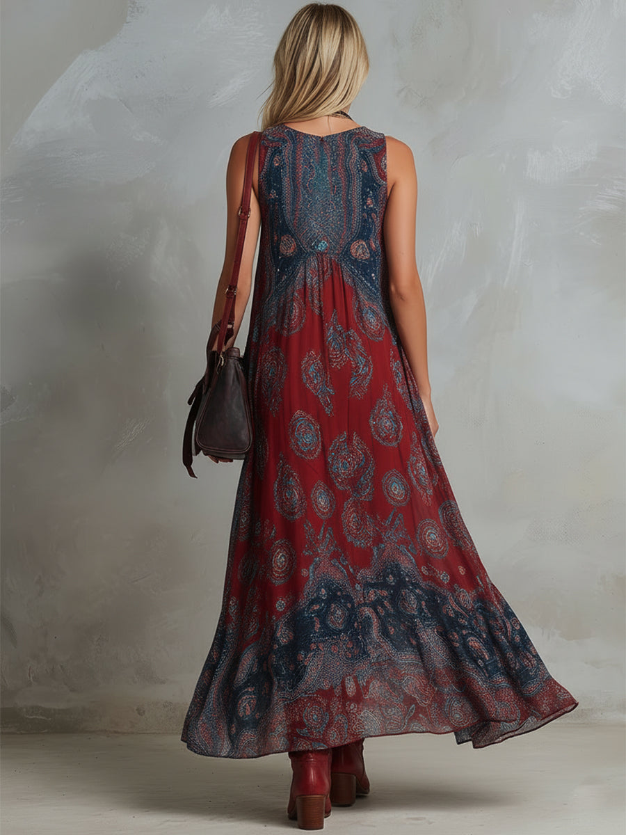 Retro Ethnic Bohemian Print Chiffon Sleeveless Maxi Dress  - By Qivii