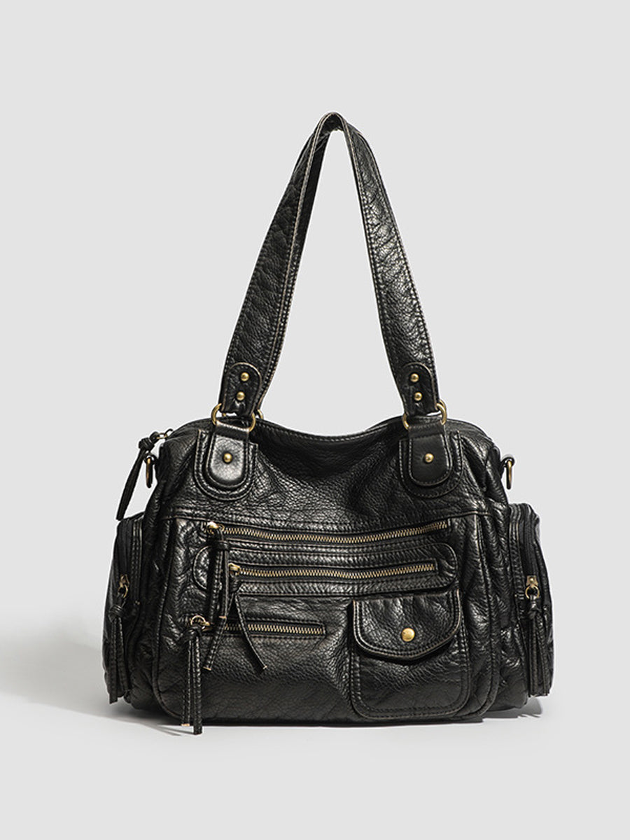 Women's Fashionable Distressed Multi-pocket Leather Handbag MDA0889H1Y