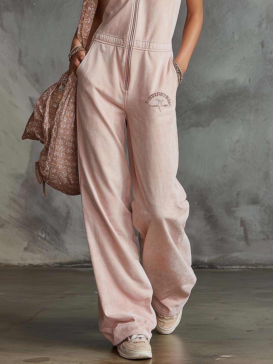 Elegant Retro Sporty V-neck Front Zipper Sleeveless Light Pink Cotton Jumpsuit  - By Qivii