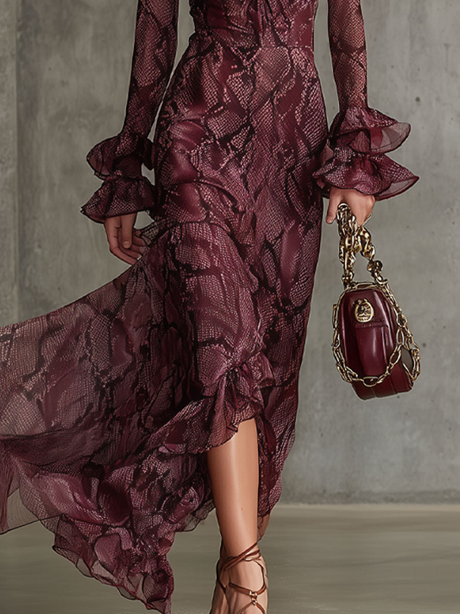 Elegant And Fashionable Burgundy Chiffon Snakeskin Pattern Ruffled Long-Sleeved Maxi Dress  - By Qivii