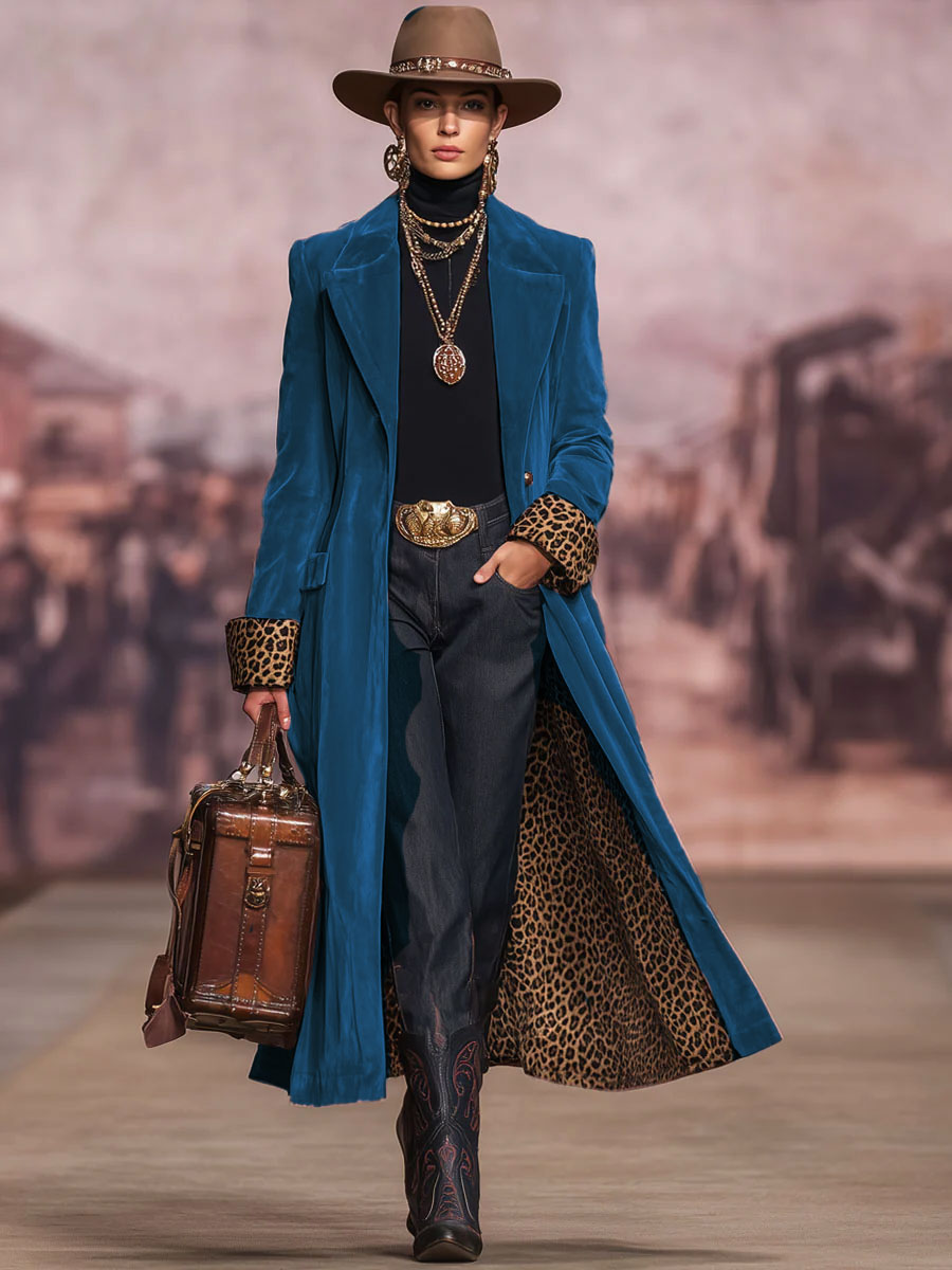 Lapel Single-breasted Velvet And Leopard Print Coat  - By Qivii
