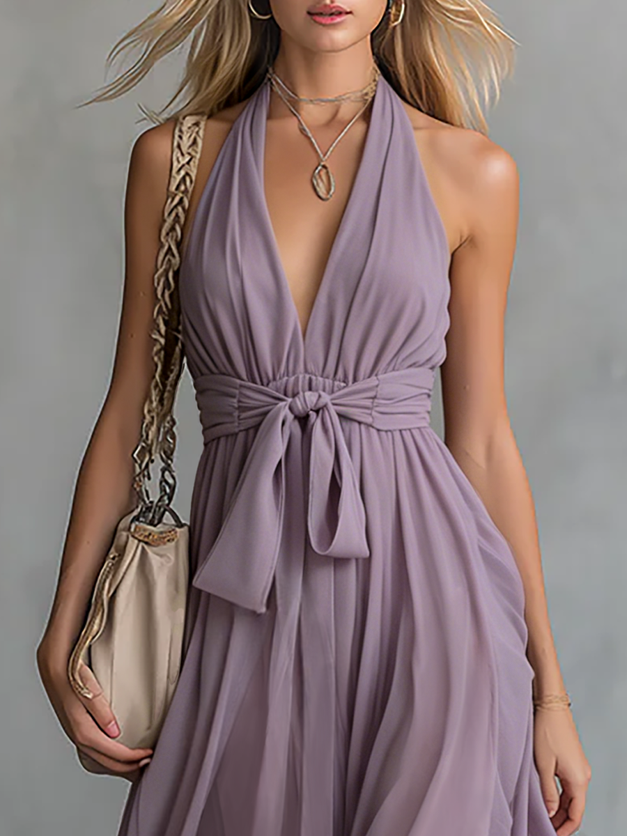 Elegant And Stylish Halter Neck V-neck Sleeveless Chiffon Maxi Dress  - By Qivii