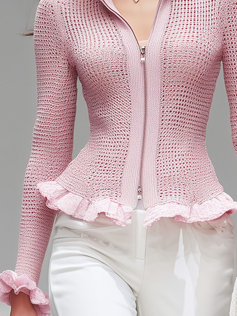 Pink Stand-up Collar Zipper Ruffled Mesh Knit Cardigan  - By Qivii