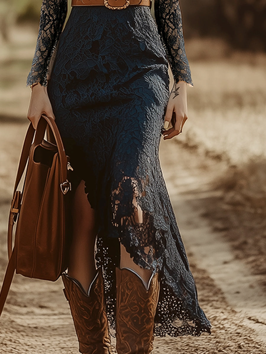Vintage Bohemian Blue Lace Long Sleeve Midi Dress  - By Qivii