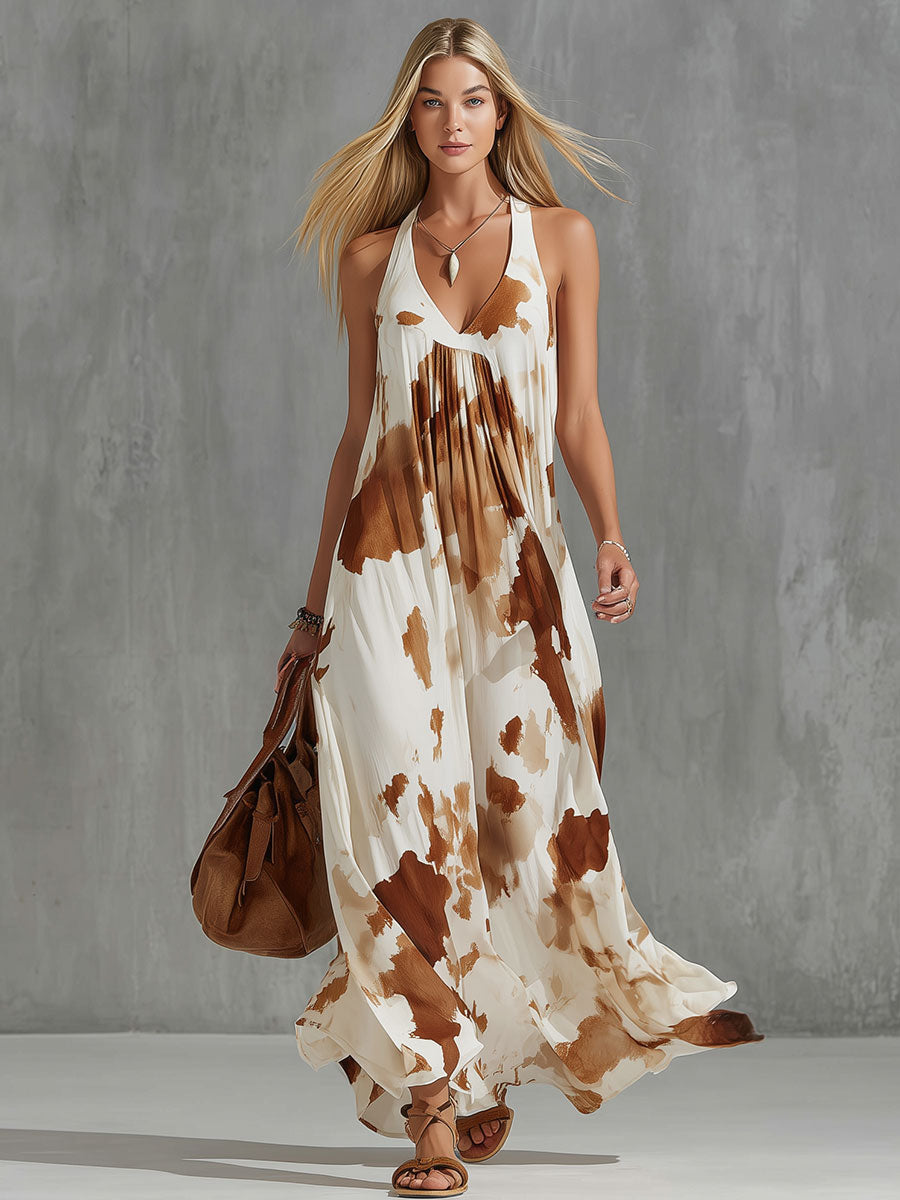 Vintage Brown Cow Print White Chiffon Sleeveless Maxi Dress  - By Qivii