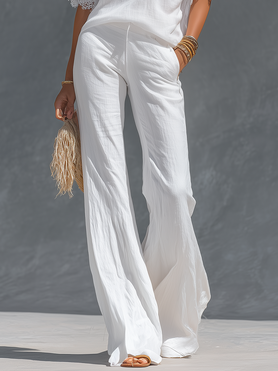 Retro V-neck Cotton And Linen Short-sleeved T-shirt And Wide-leg Pants Set  - By Qivii