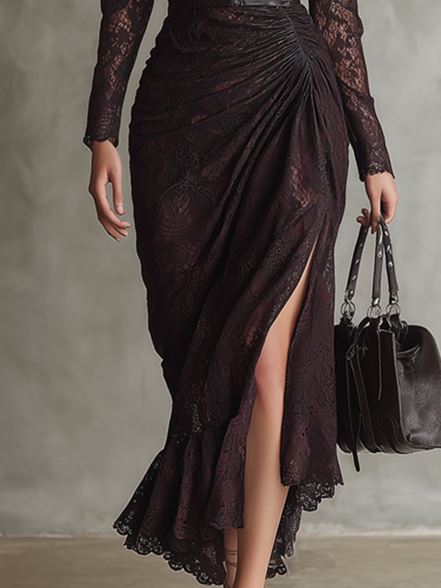 Retro High-end Brown-red Imitation Leather Stitching Lace Long-sleeved Maxi Dress  - By Qivii