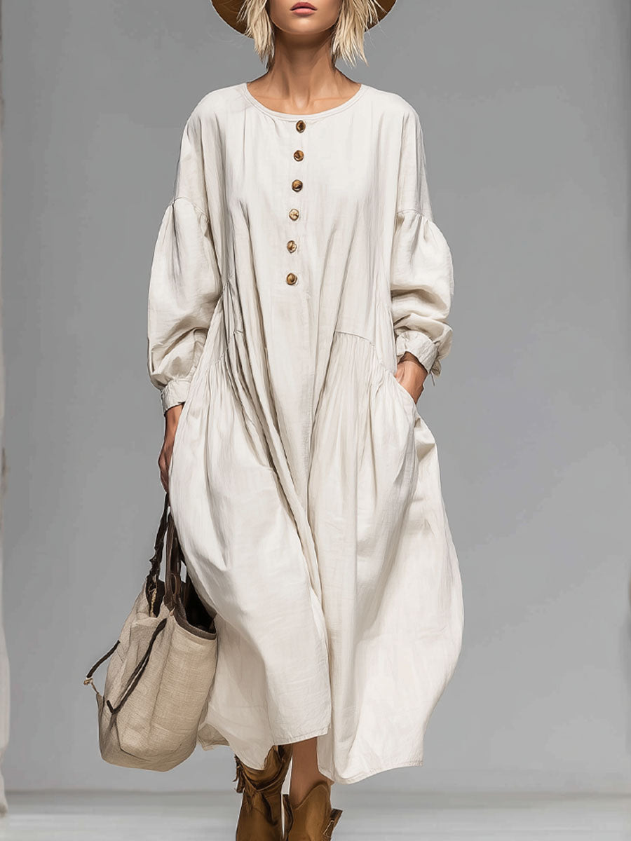 Loose Round-neck Button-front Double-pocket Cotton Long-sleeved Midi Dress  - By Qivii