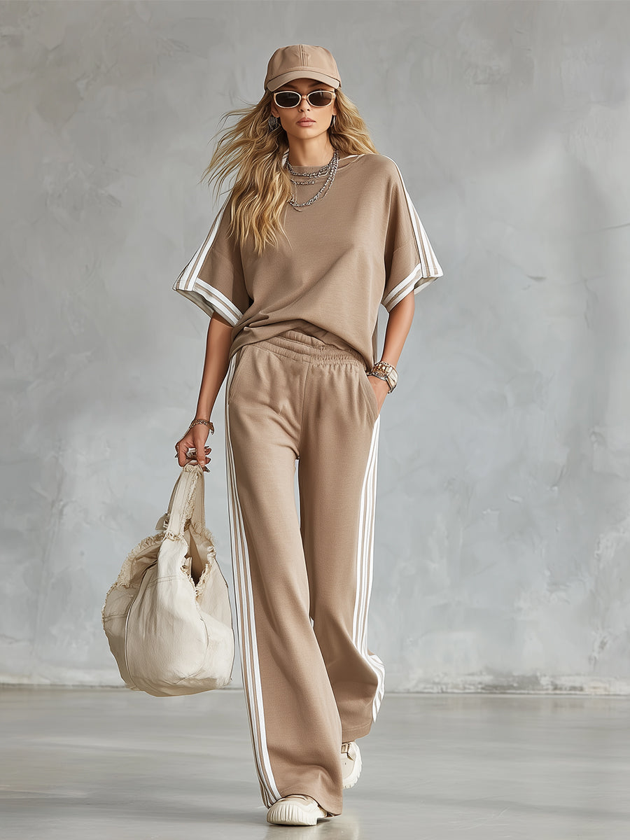 Casual Everyday Sports Striped-trim Khaki T-shirt And Pants Set  - By Qivii