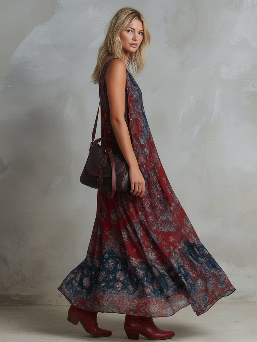 Retro Ethnic Bohemian Print Chiffon Sleeveless Maxi Dress  - By Qivii