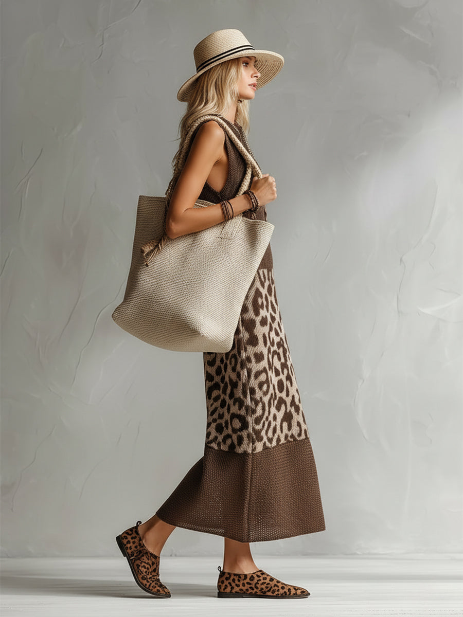 Elegant Brown Leopard Print Mesh Breathable Knit Sleeveless Maxi Dress  - By Qivii
