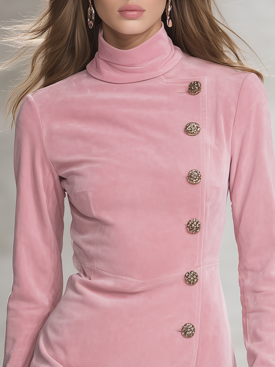Retro-style Stand-up Collar Decorative Buttons Faux Suede Mini Dress  - By Qivii