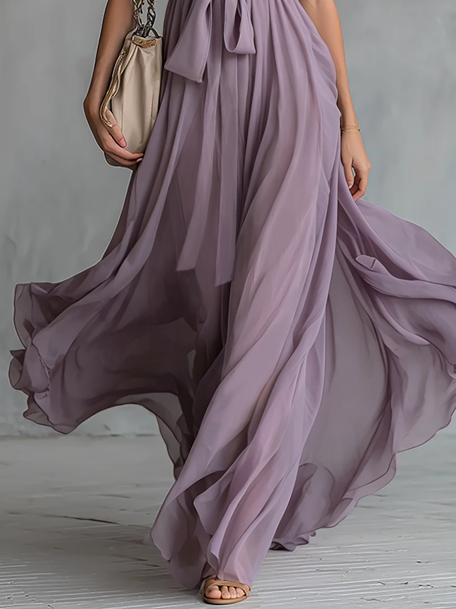 Elegant And Stylish Halter Neck V-neck Sleeveless Chiffon Maxi Dress  - By Qivii