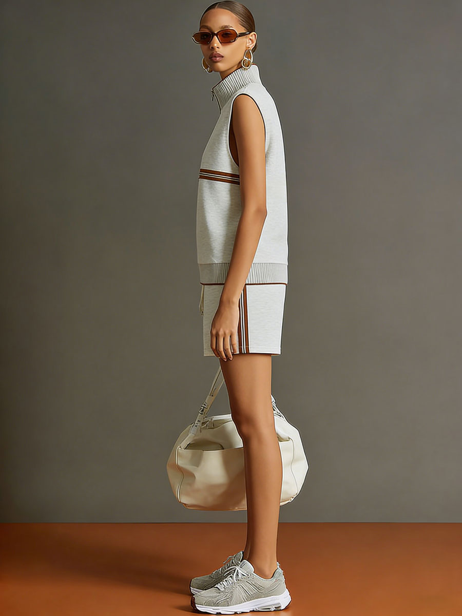 Retro Sporty Grey And White Half-zip Sleeveless Sweatshirt And Shorts Set  - By Qivii