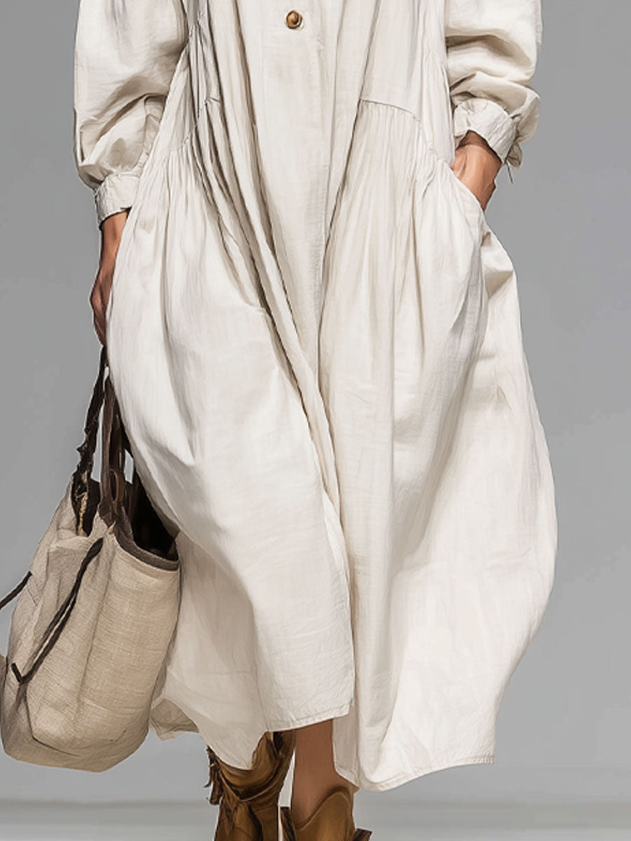 Loose Round-neck Button-front Double-pocket Cotton Long-sleeved Midi Dress  - By Qivii