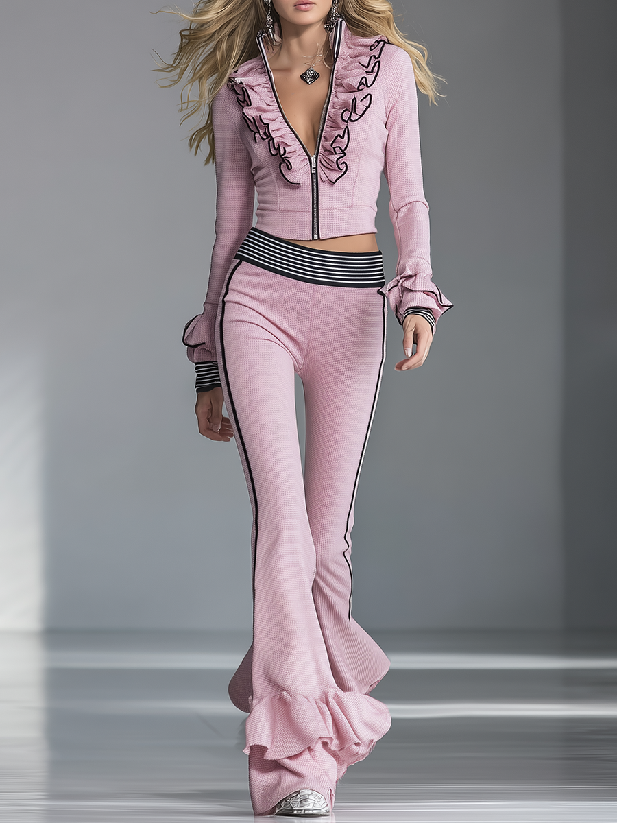 Elegant Sporty Black-trimmed Pink Flared Pants Set  - By Qivii