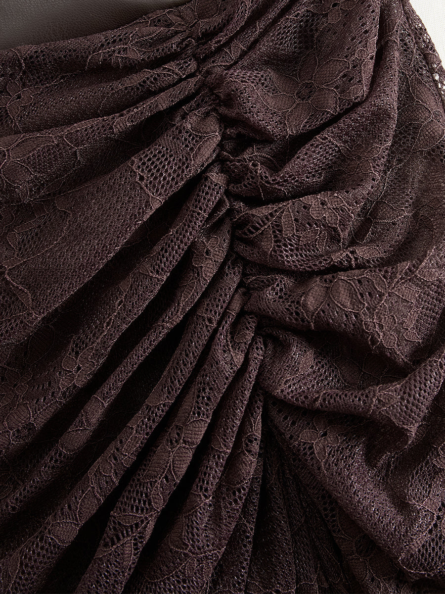 Retro High-end Brown-red Imitation Leather Stitching Lace Long-sleeved Maxi Dress  - By Qivii