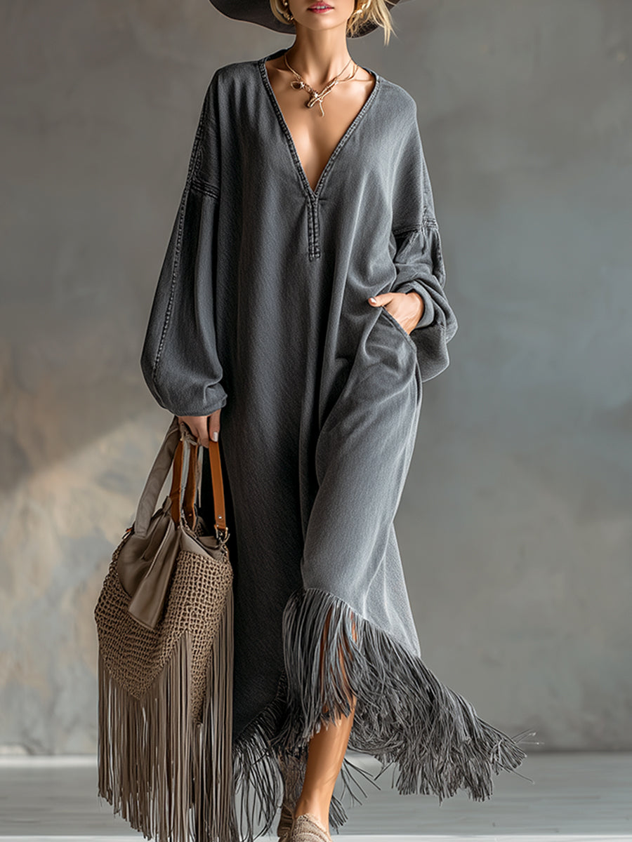 Elegant Silhouette Grey Denim Tassel Long Sleeve Maxi Dress  - By Qivii