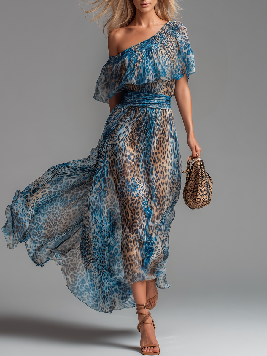 Stylish And Elegant Off-the-shoulder Short-sleeved Leopard Print Chiffon Maxi Dress  - By Qivii