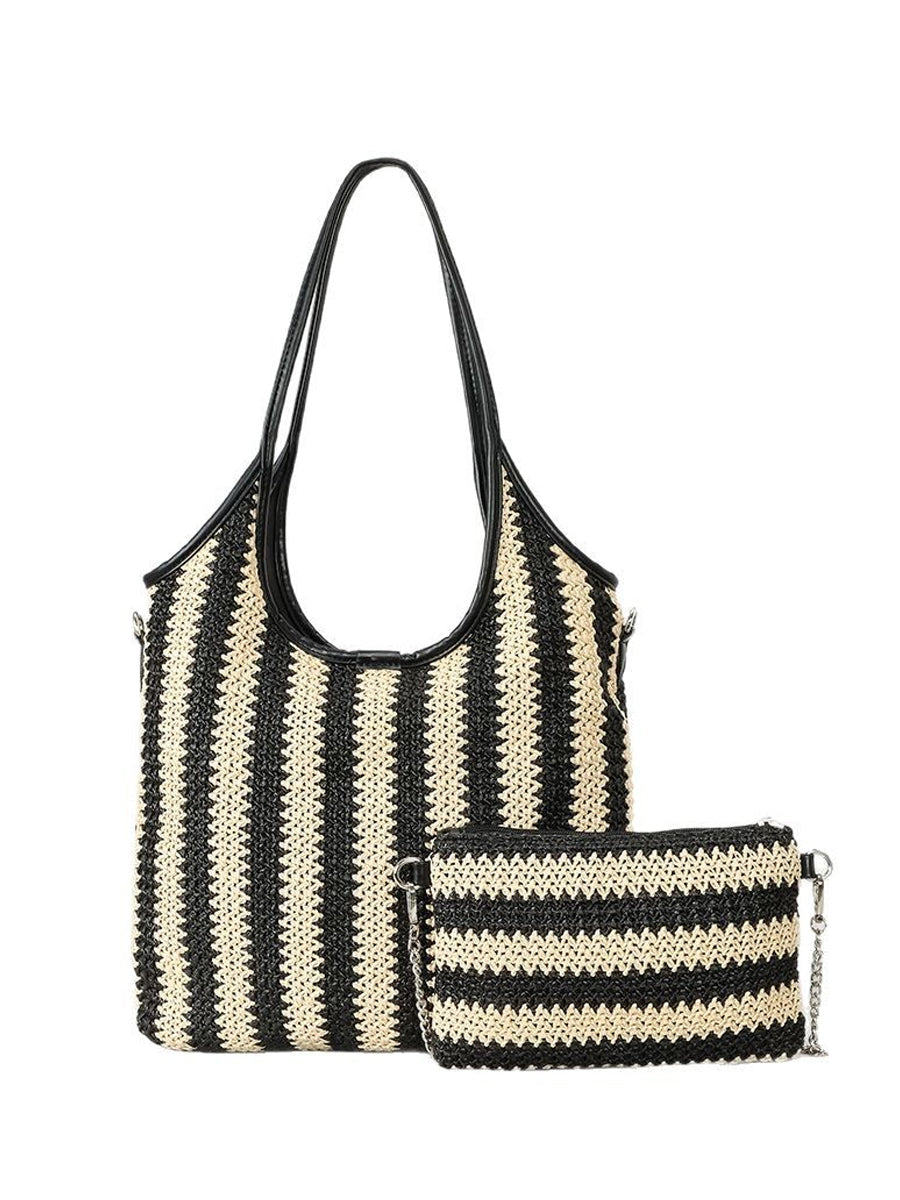 Women's Contrast Striped Vintage Straw Shoulder Bag MDA0831H2Y