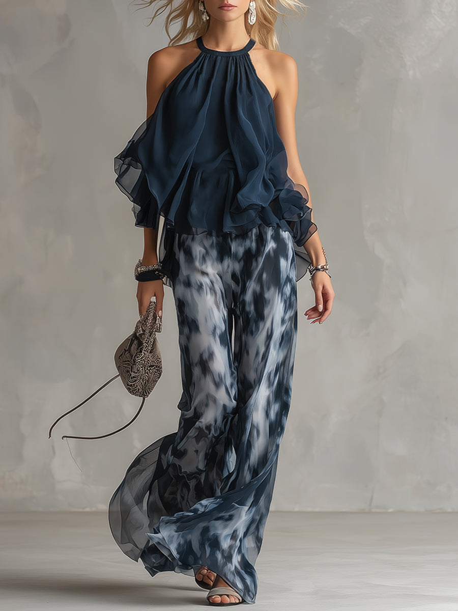 Elegant Urban Navy Blue Halter Neck Top And Printed Wide-leg Pants Chiffon Set  - By Qivii