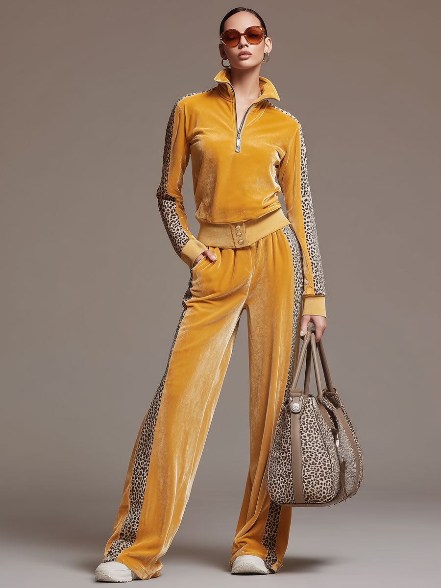 Casual Sporty Retro Leopard Print Trim Yellow Velvet Sweatshirt Wide-Leg Pants Set  - By Qivii