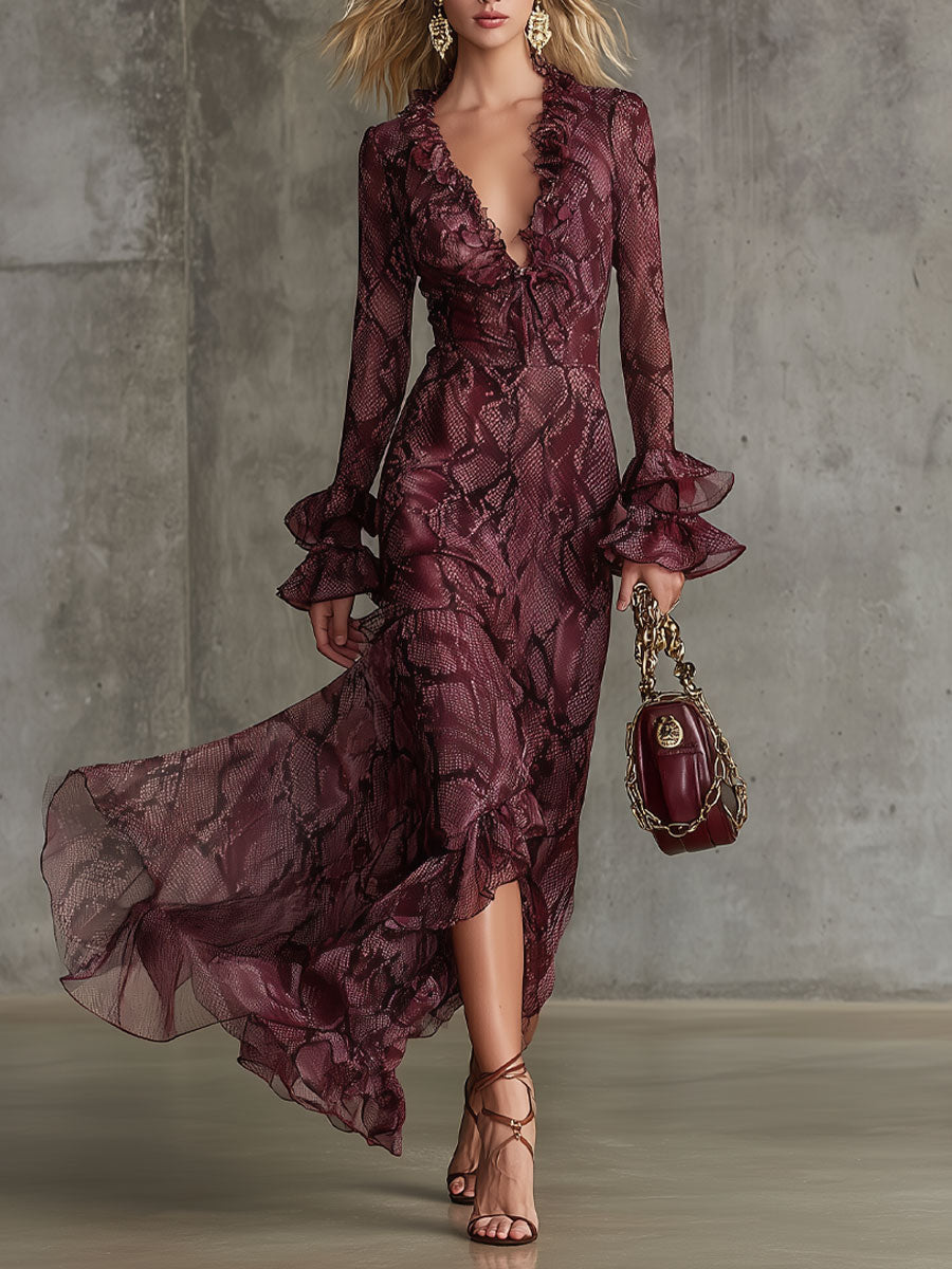 Elegant And Fashionable Burgundy Chiffon Snakeskin Pattern Ruffled Long-Sleeved Maxi Dress  - By Qivii