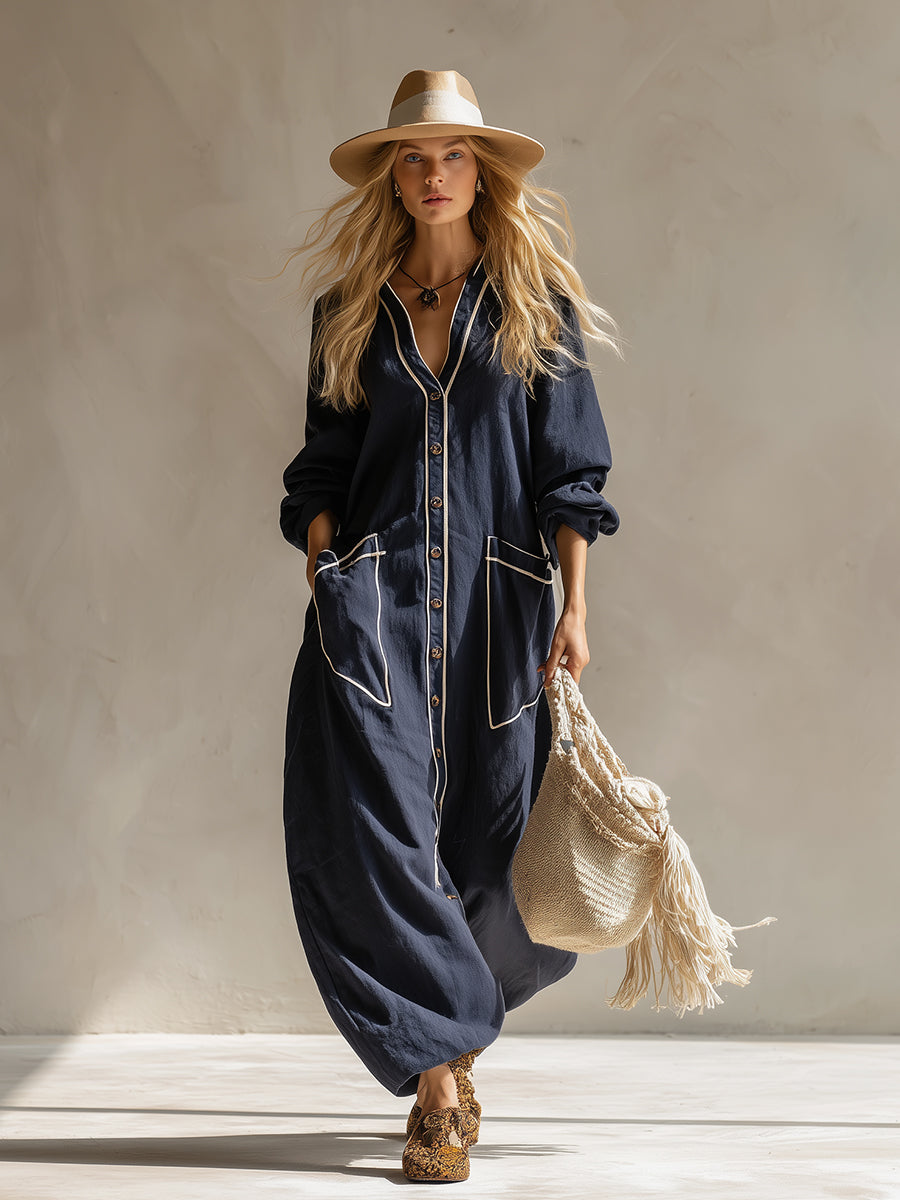 Elegant Urban-style Navy Blue Cotton And Linen Maxi Dress  - By Qivii
