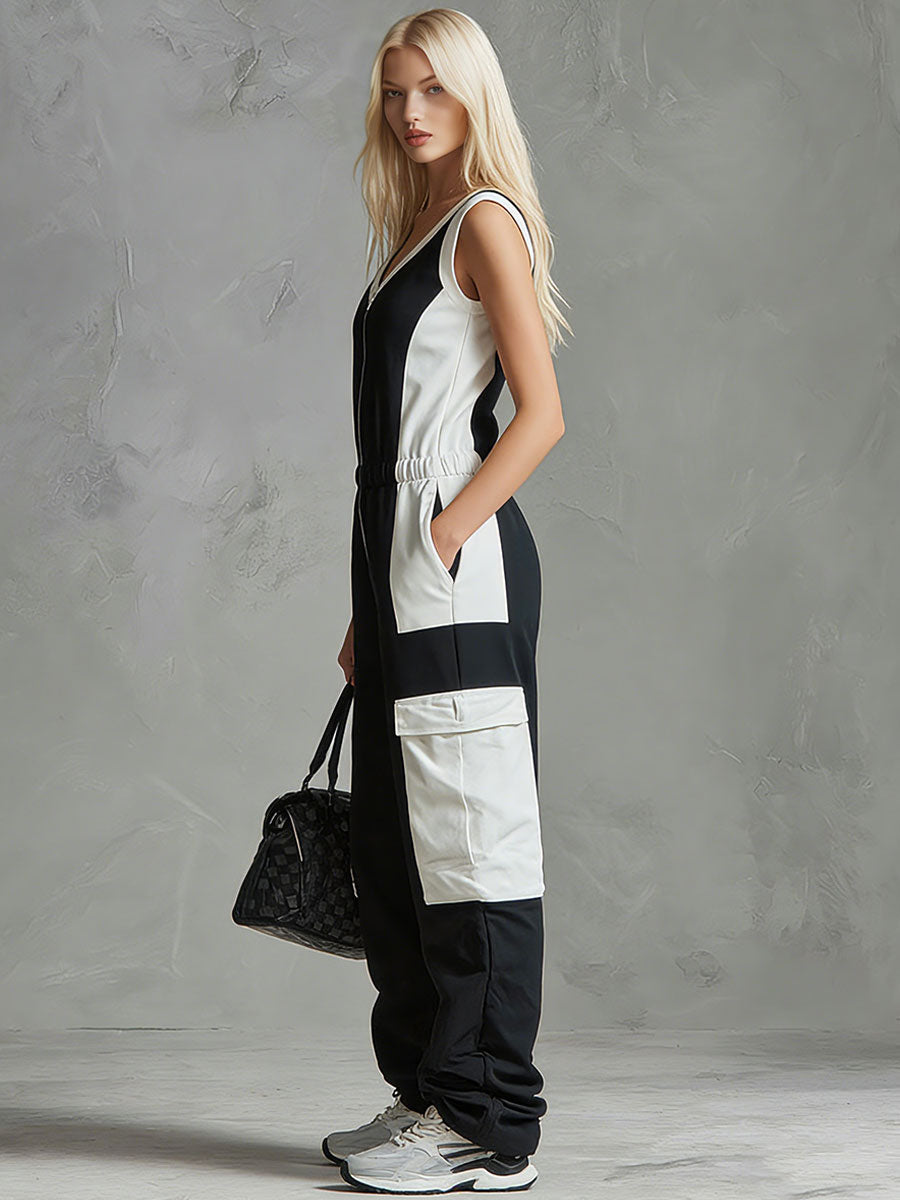Casual Retro Sporty Black And White Color-blocked V-neck Half-zip Jumpsuit  - By Qivii