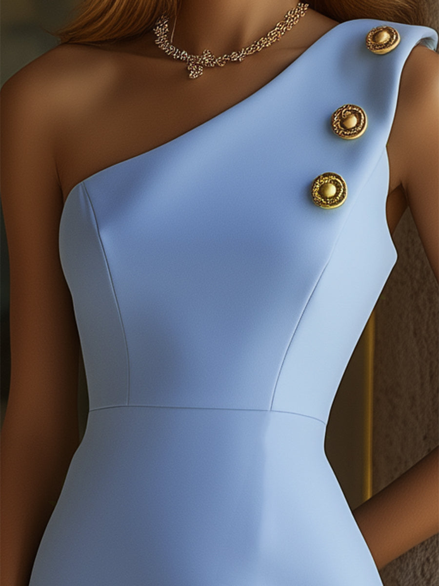 Women's Blue Off-shoulder Hip-wrapped Dress With Gold Buttons - By Qivii