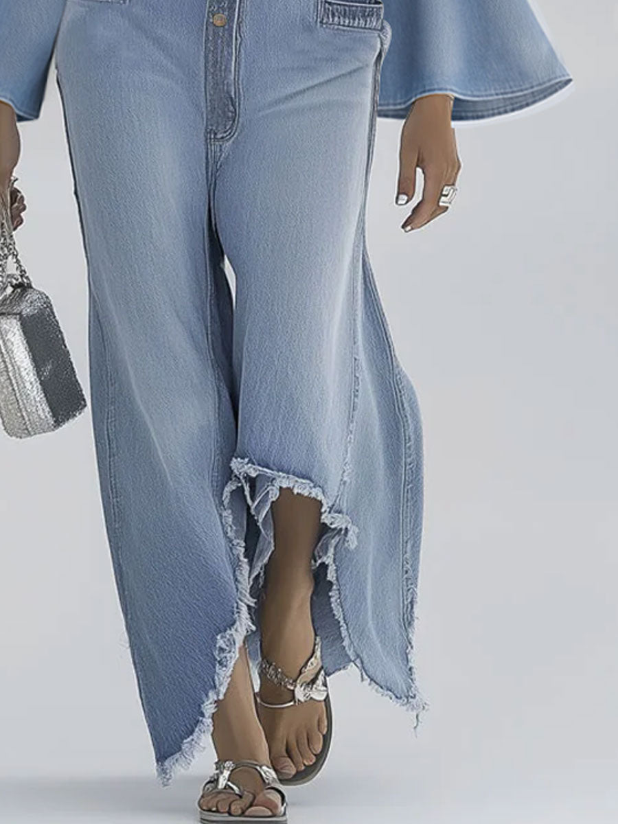 Casual Retro Light Blue Denim Flared Long-Sleeved Wide-Leg Raw Edge Jumpsuit  - By Qivii
