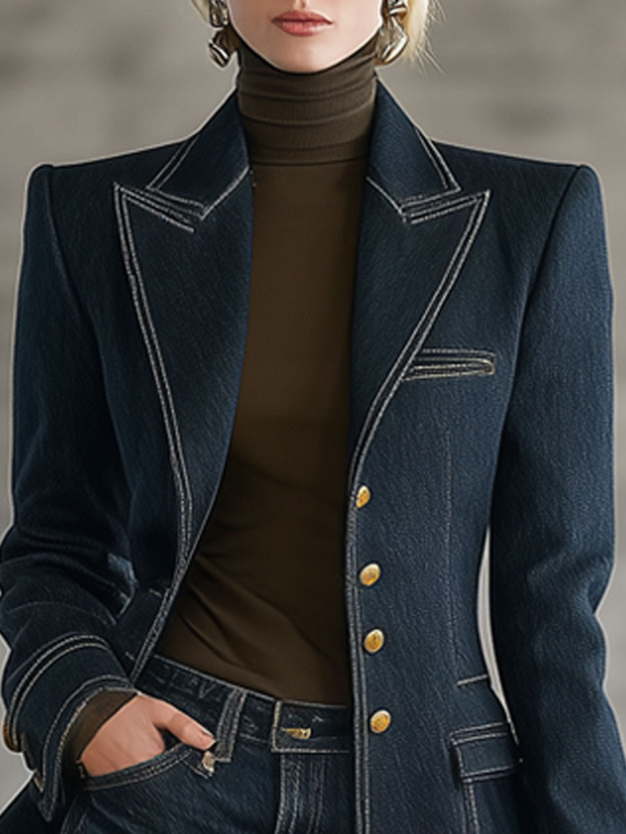 Fashion Retro Topstitched Navy Blue Denim Jacket  - By Qivii